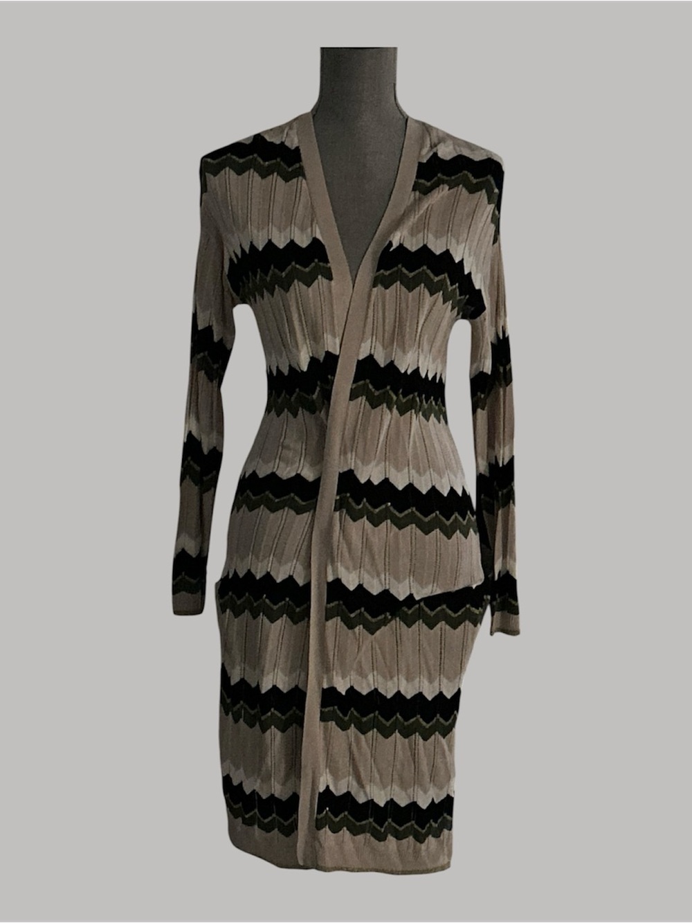 Chevron Knit Long Cardigan in Beige and Black